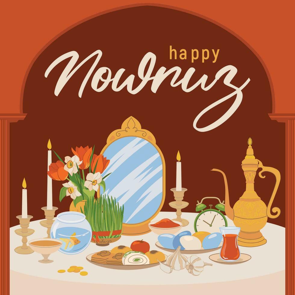 Happy Nowruz Day or Iranian New Year. Illustration with attributes of a religious holiday, fish, sweets, grass, vinegar, watchmaker, mirror, clock, chvecha. Flat style, vector. vector