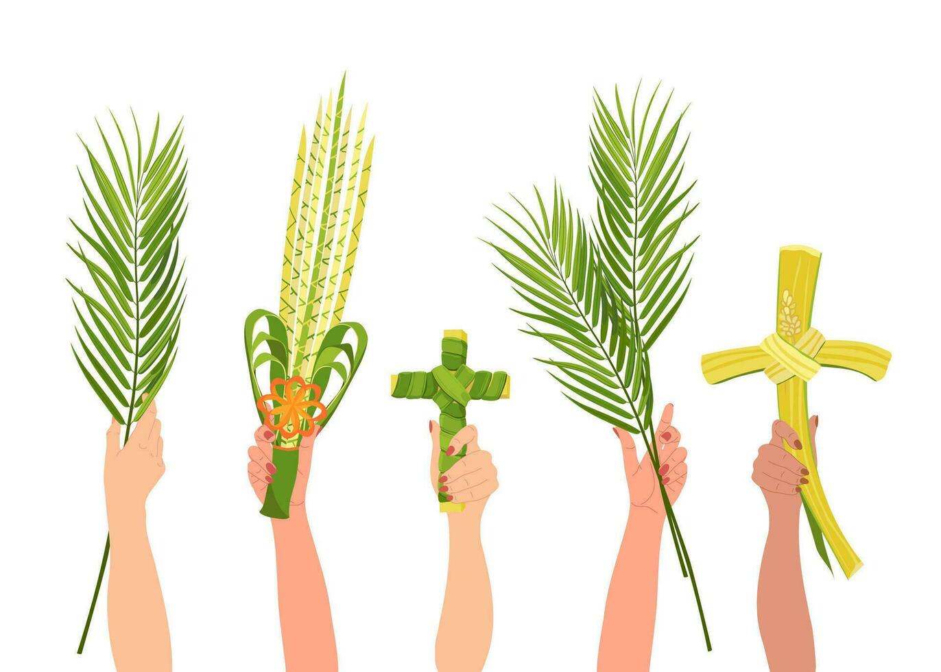 internacional cristiano adoradores sostener bienes parafernales para palma domingo celebraciones el símbolos de el fiesta son un palma rama, un cruzar hecho de palma hojas y un mimbre ramo. vector