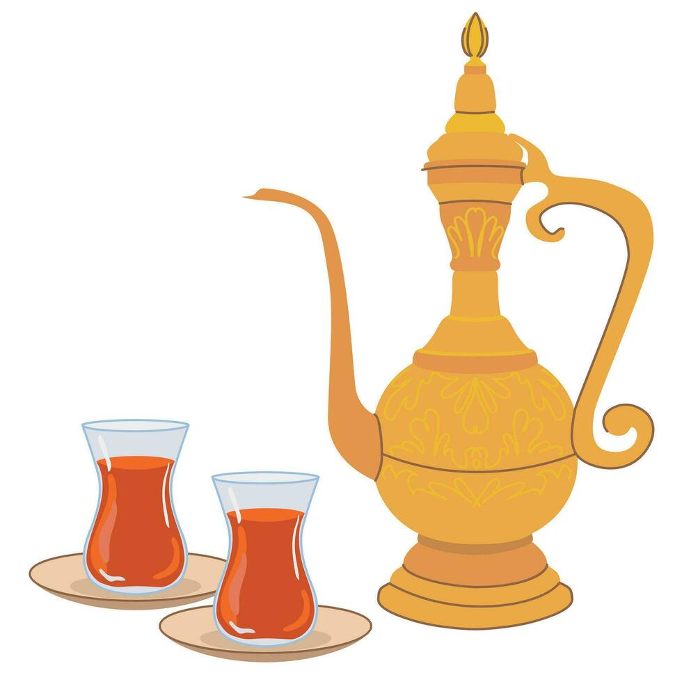 tradicional turco té en un vaso y un oriental jarra con un ornamento. vector ilustración en plano estilo en un blanco antecedentes. un reconocible caliente bebida común en el este.