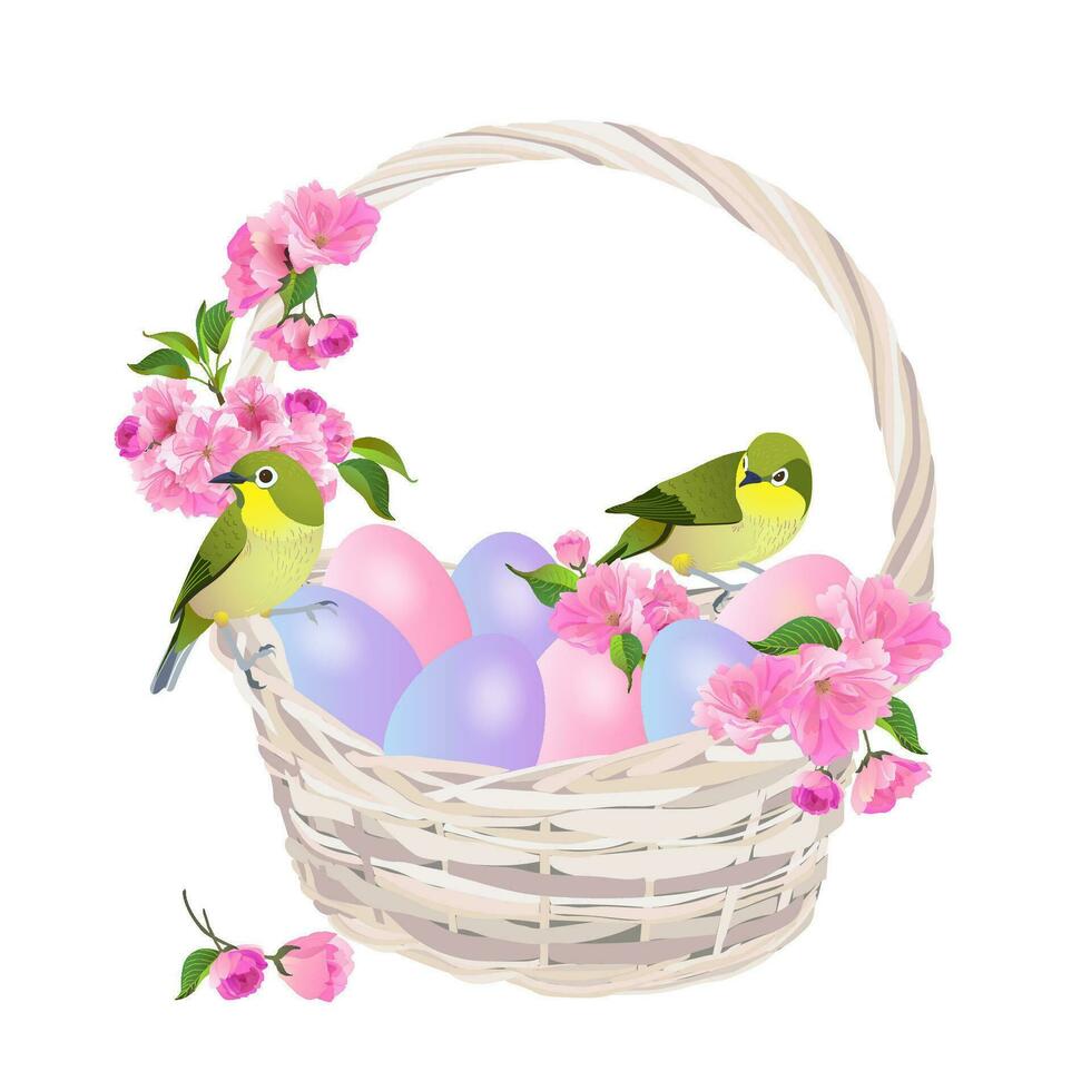 Illustration of an Easter egg basket with Japanese nightingales sitting on it. Vector graphics of Sakura on an Easter card.