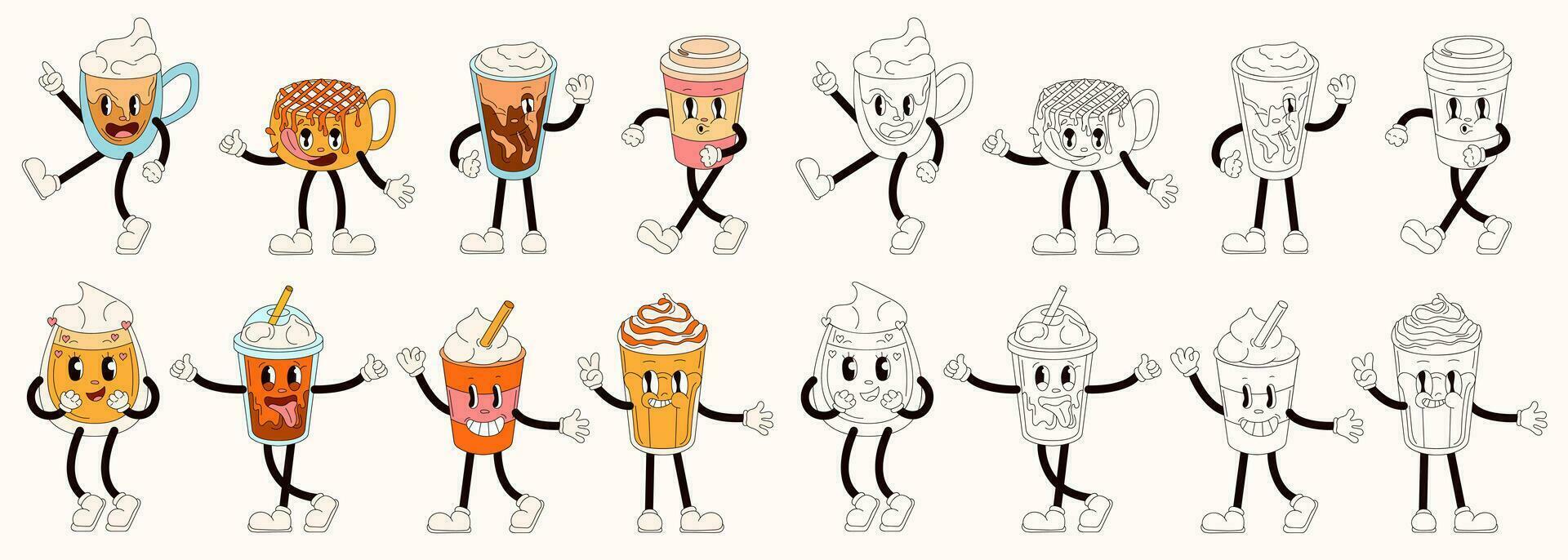 Groovy coffee drinks characters set in groovy style. Characters with smiles for coloring book. Glasses, mugs, paper cups mascot element collection. Vector illustration isolated on a beige background.