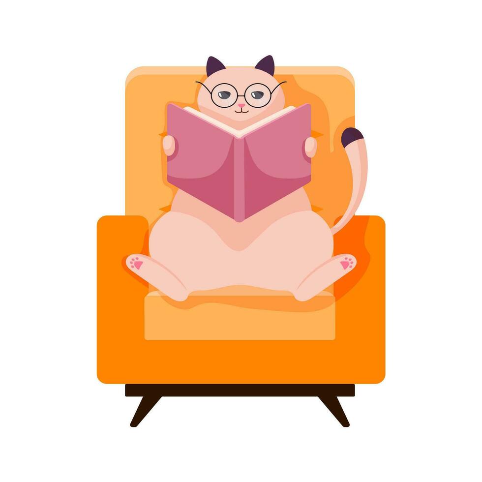 Cat character in glasses study flat. Cat sits on a armchair and reads a book. Vector illustration isolated on a white background.