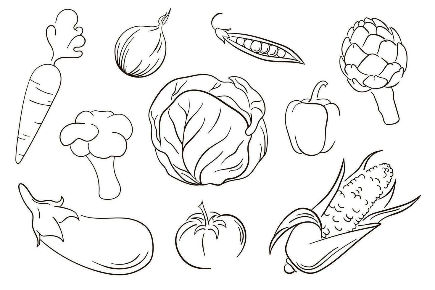 Vector vegetables set in line art style. Collection of vegetables. Line art icons of eggplant, artichoke, corn, cabbage.