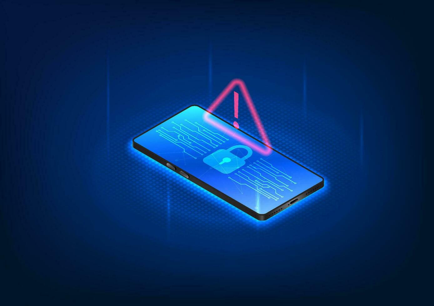 Smartphone technology that has a cyber protection system to prevent data from being stolen and damaged. Mobile screen lock with alert symbol is being hacked. Vector illustration