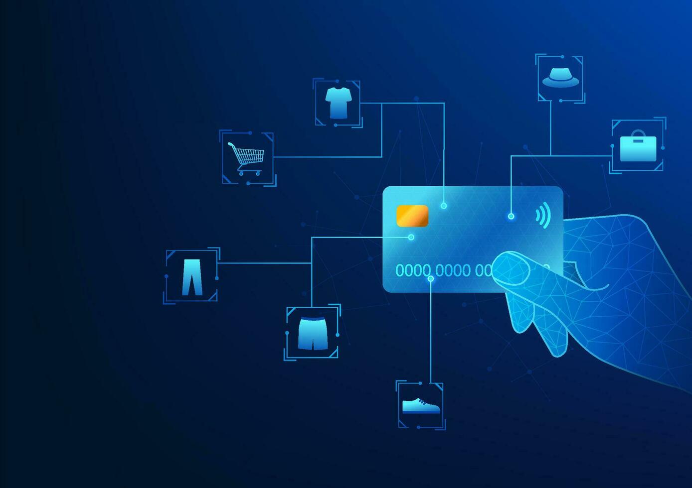 E-commerce financial technology Hand holding credit card with connect icon Shows the use of credit card to pay for products. Buy products online, pay installments via card. vector