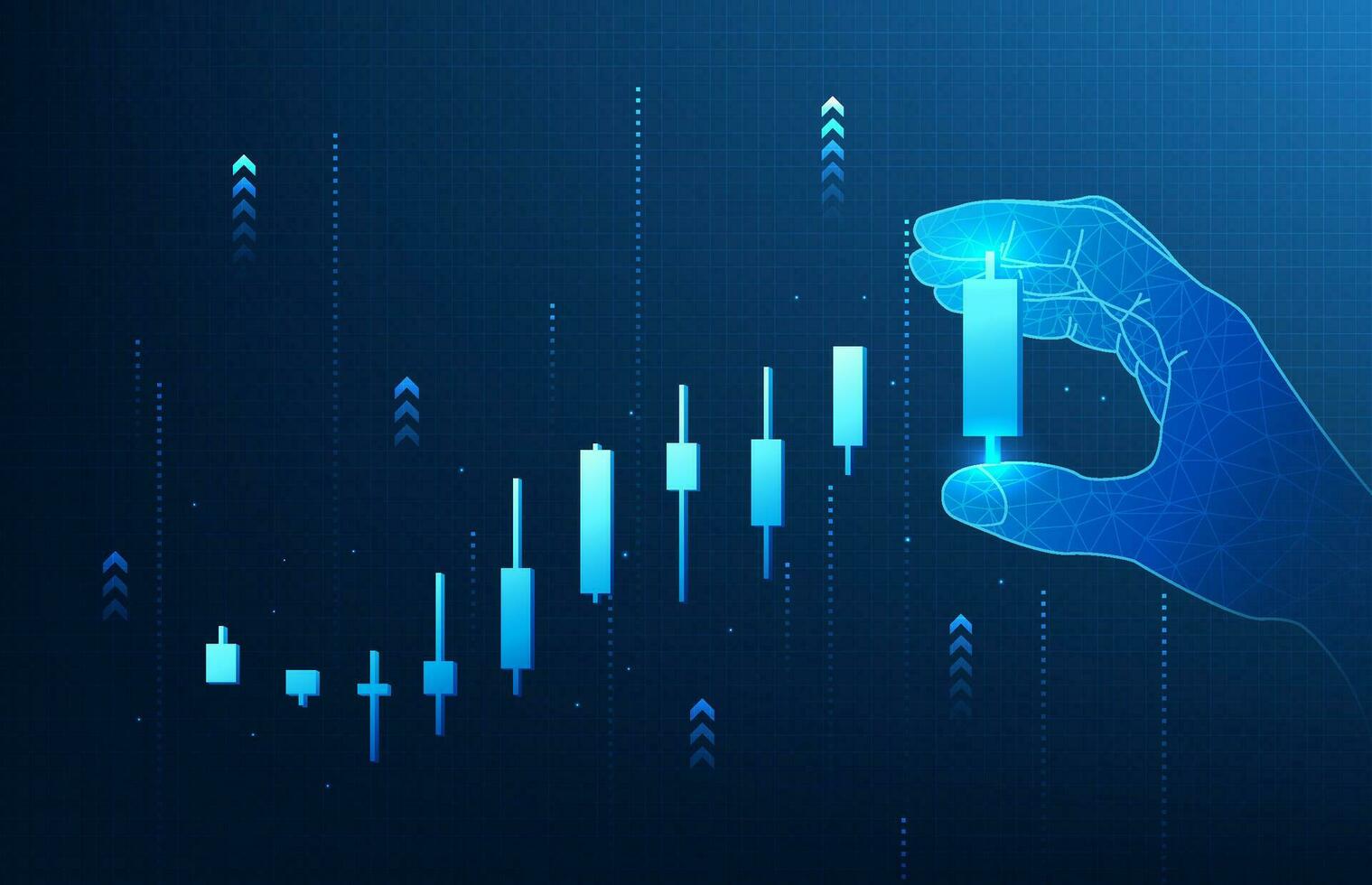 Stock chart technology A hand holding a candlestick chart represents managing a business to grow into a leader. Modern finance uses technology to see prices in the stock market. vector