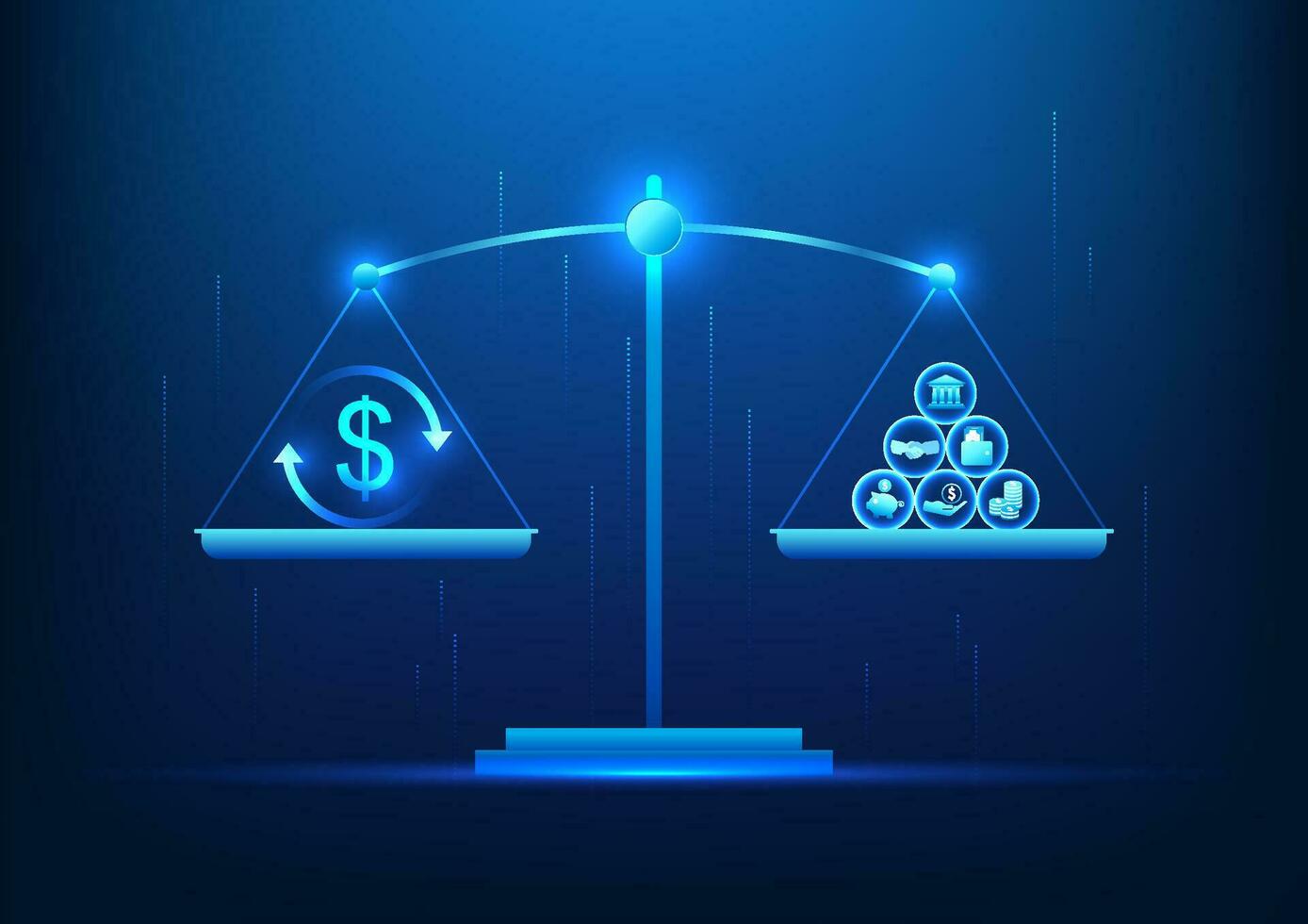 Weighing scale Weighing money with icons representing work, investing, and saving money in exchange for money for future expenses. Vector illustration