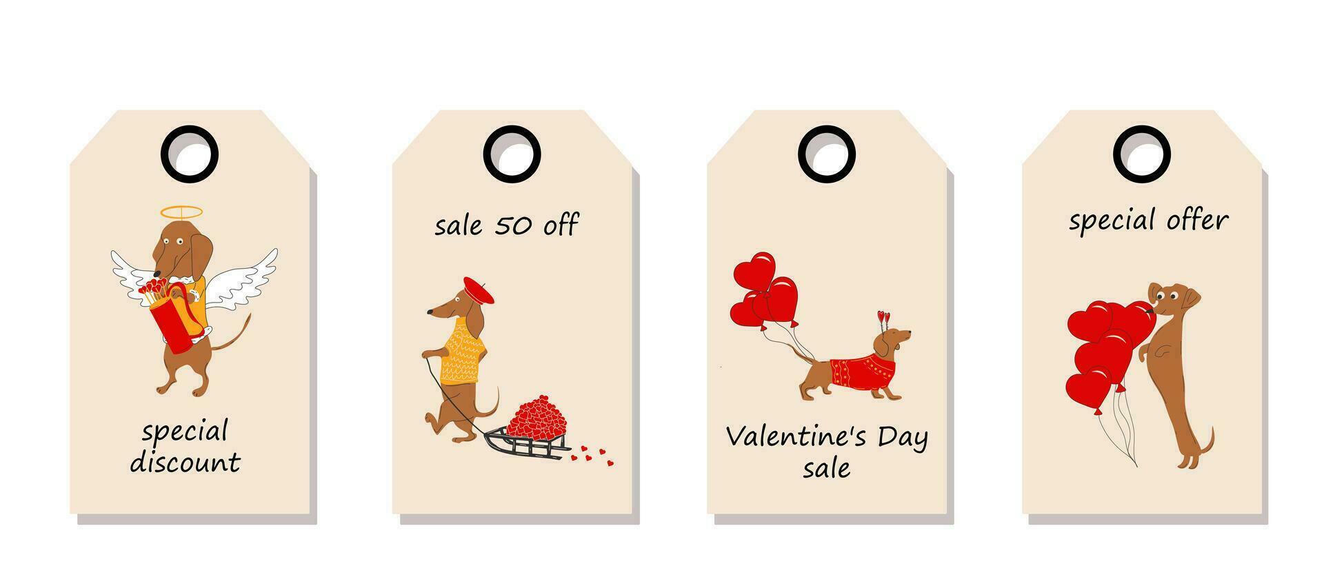 Vector set of discount price tags. Labels with Dachshunds dogs pulls a hearts, valentines. Valentine's day sale.