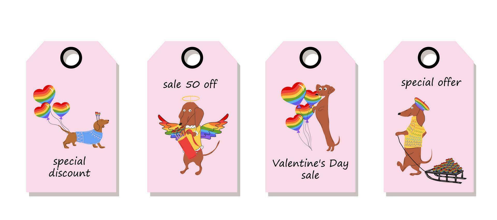 Vector set of discount price tags. Labels with Dachshunds dogs pulls a rainbow hearts. Valentine's day sale.