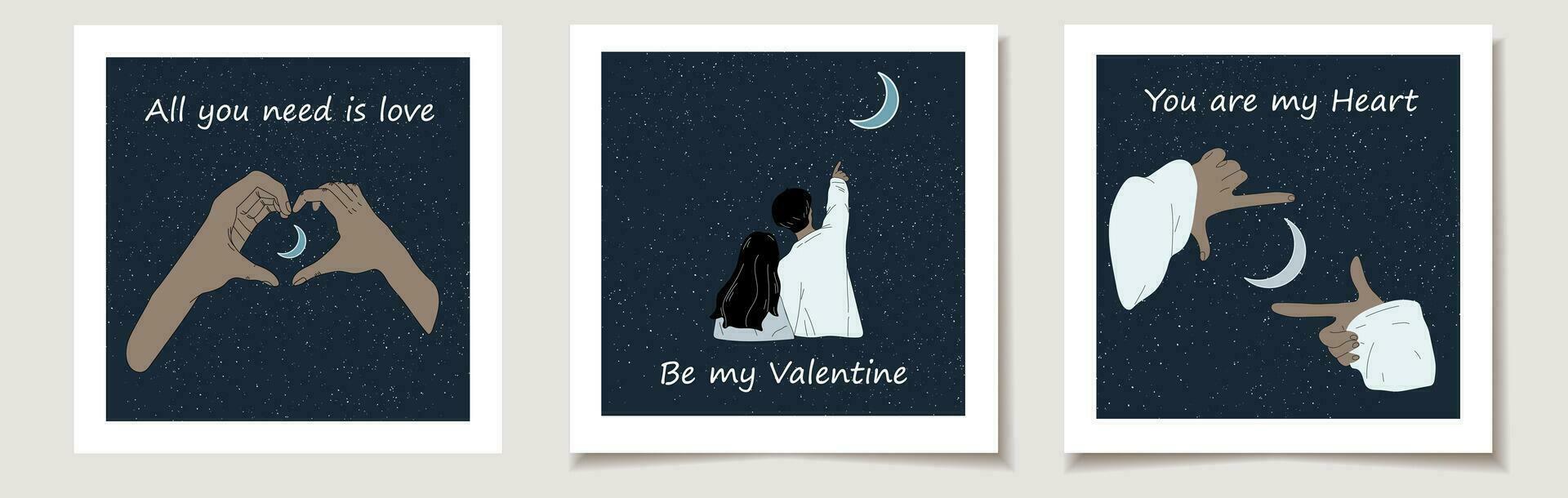 Set of Valentine's day cards with Hands show heart on moonlit night. Love, Valentine's Day vector