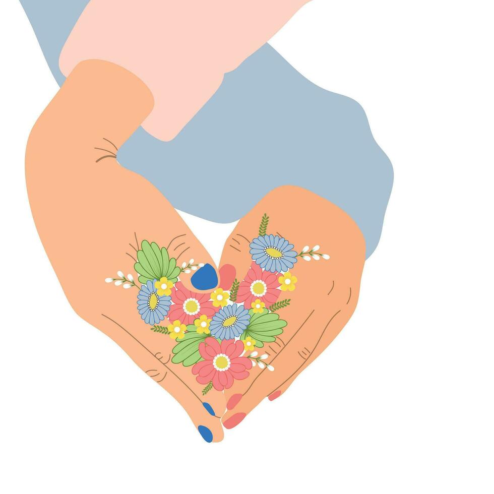 Hands making heart shape holding flowers vector