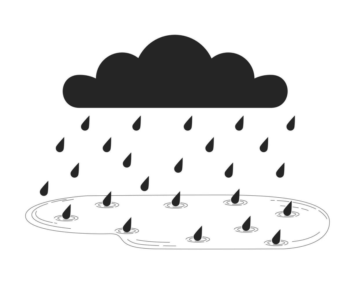 Rainy cloud falling raindrops black and white 2D line cartoon object. Storm bad weather downpour isolated vector outline item. Gloomy fall season. Autumn rainfall monochromatic flat spot illustration