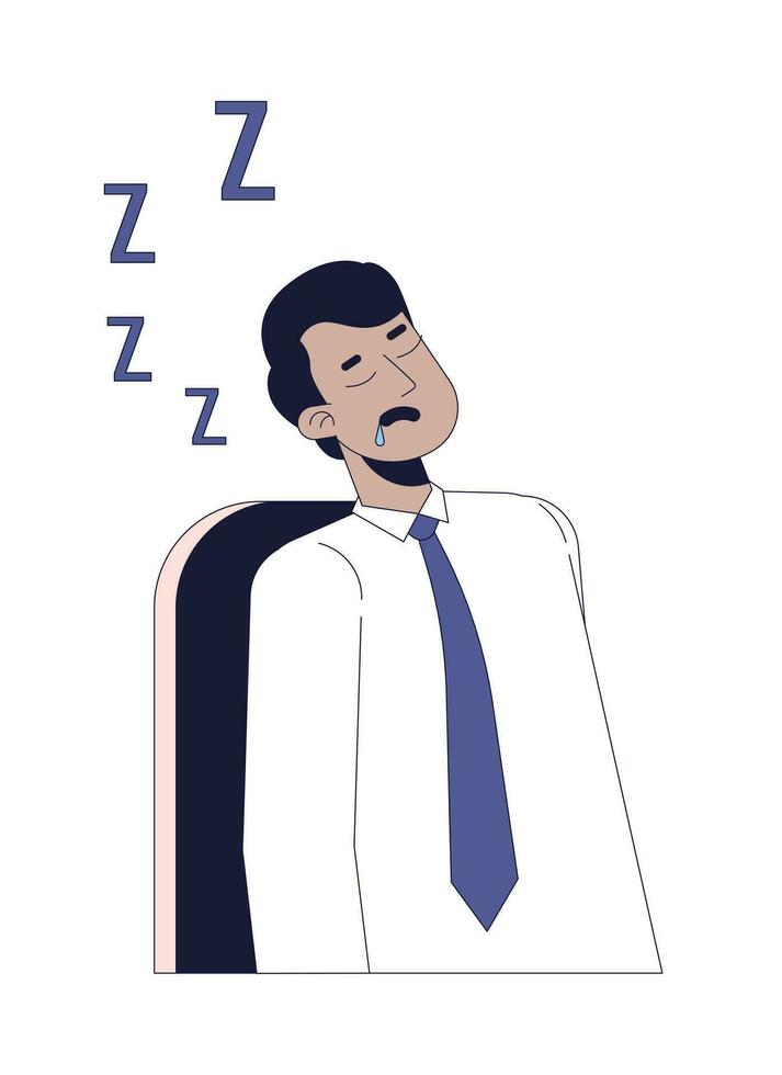 Sleeping employee male indian 2D linear cartoon character. South asian man napping on workplace isolated line vector person white background. Fatigue exhausted worker color flat spot illustration