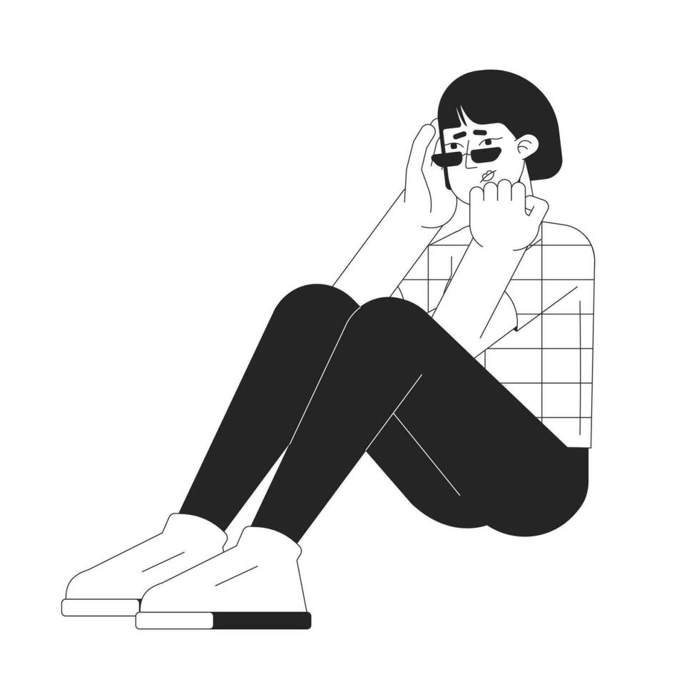 Anxious woman korean black and white 2D line cartoon character. Asian nervous female isolated vector outline person. Headache holding head girl sitting on floor monochromatic flat spot illustration