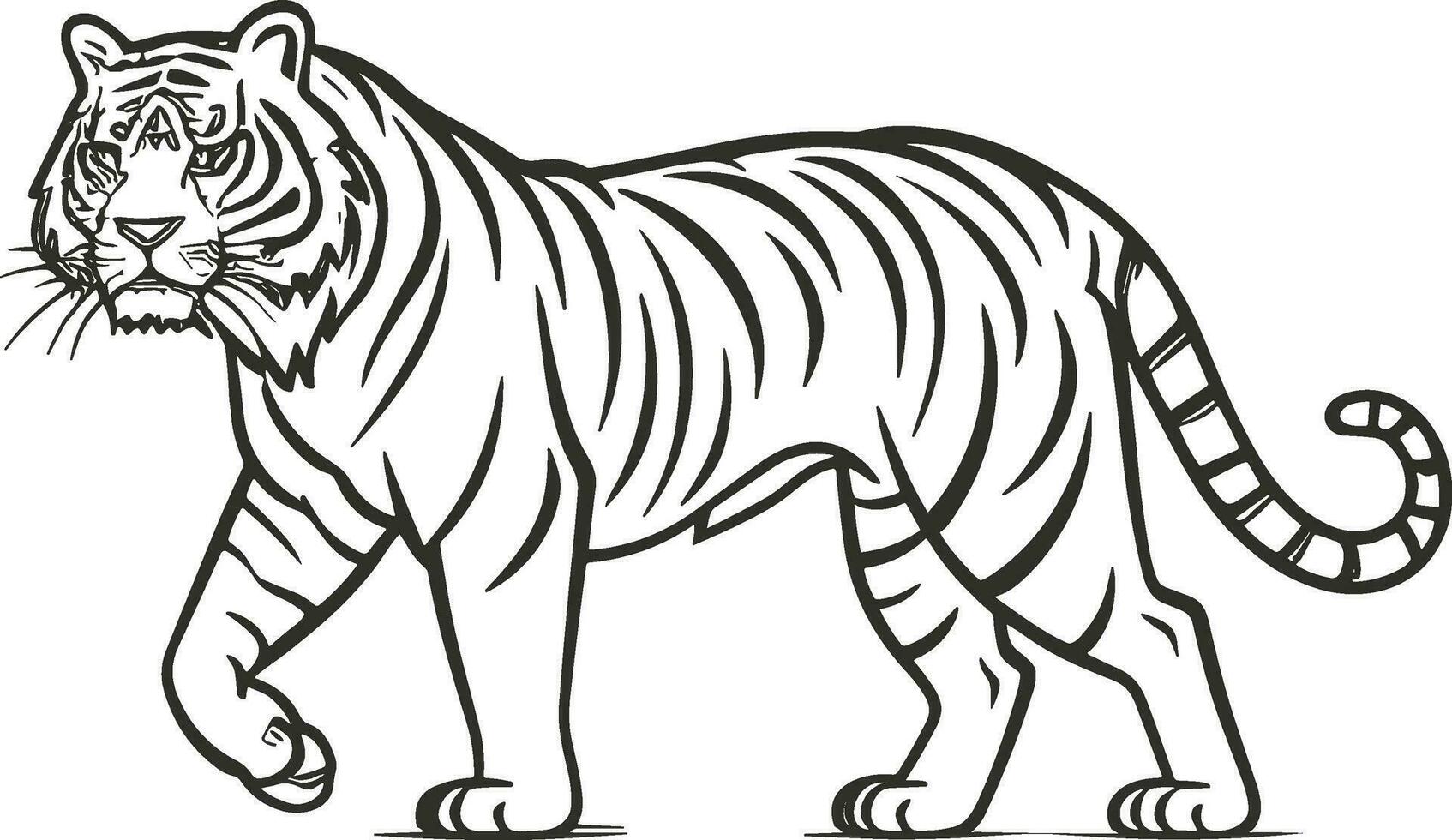 black and white outline illustration of the walking tiger. AI generated illustration. vector