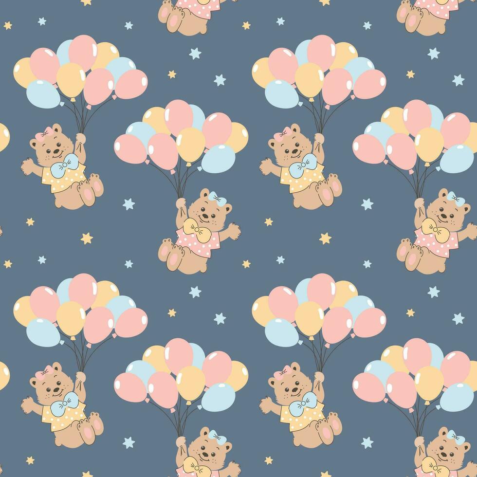 Seamless pattern, cute cartoon bears flying on balloons in the sky with stars. Baby shower background, print, vector