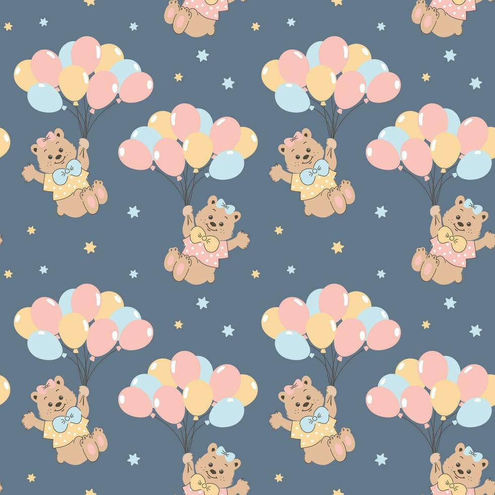 Seamless pattern, cute cartoon bears flying on balloons in the sky with stars. Baby shower background, print, vector