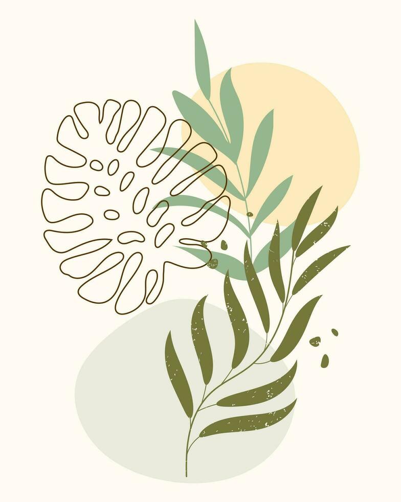 Retro poster in boho style. Abstract landscape with moon, sun and branch with leaves. Wall art, minimal design, vector