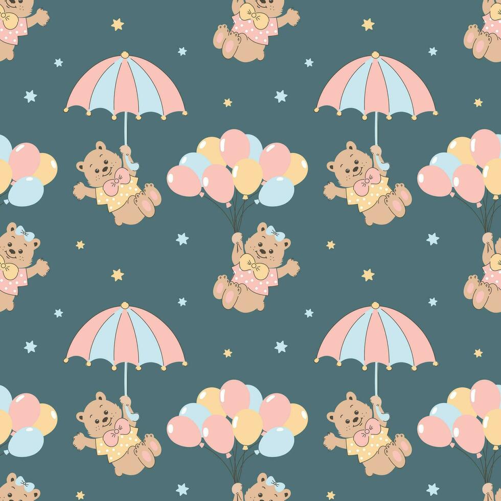 Seamless pattern, cute cartoon bears flying on balloons in the sky with stars. Baby shower background, print, vector