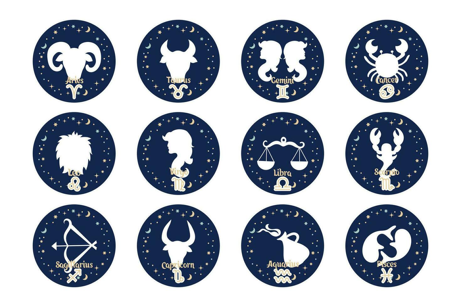 Set of astrology zodiac signs, mystical round icons. Esoteric symbols for logo or badges, vector