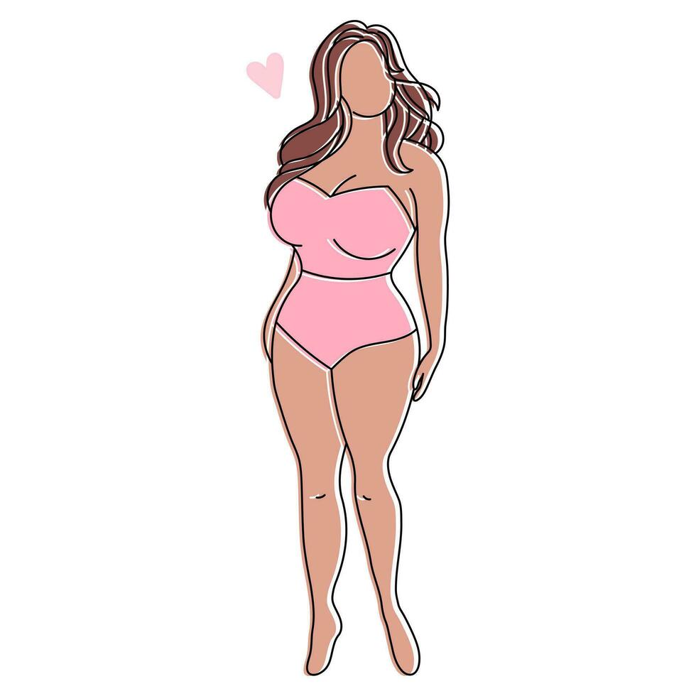 Silhouette of a plump woman in a swimsuit, sketch.  Bodypositive concept. Line art, vector
