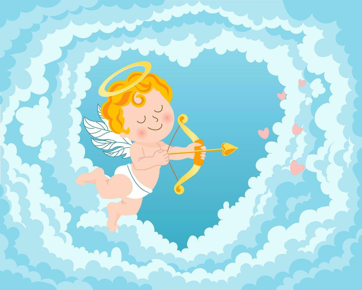 Cute cupid with bow and arrow, baby angel with a halo in the sky with clouds. Illustration, vector