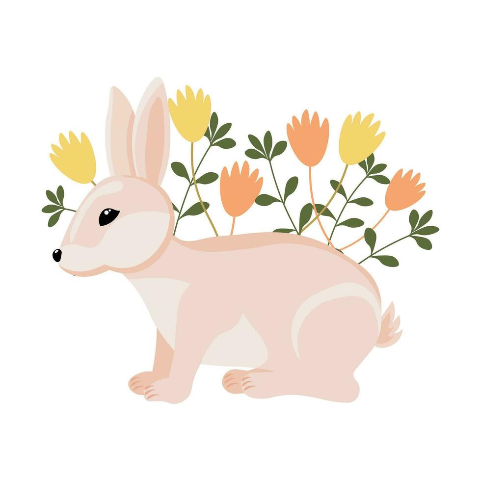Cute Easter Bunny in spring flowers on a white background. Holiday print, illustration, postcard, vector