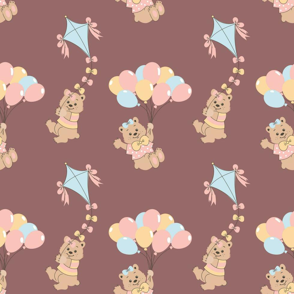 Seamless pattern, cute cartoon bears flying on balloons and kites. Baby shower background, print, vector