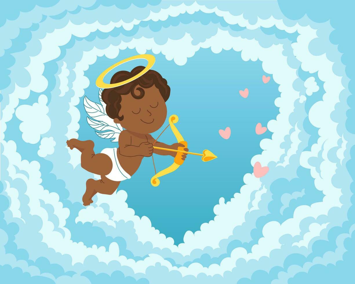 lindo cupido con arco y flecha, ángel bebé con un halo en el cielo con nubes. ilustración, vectorial vector