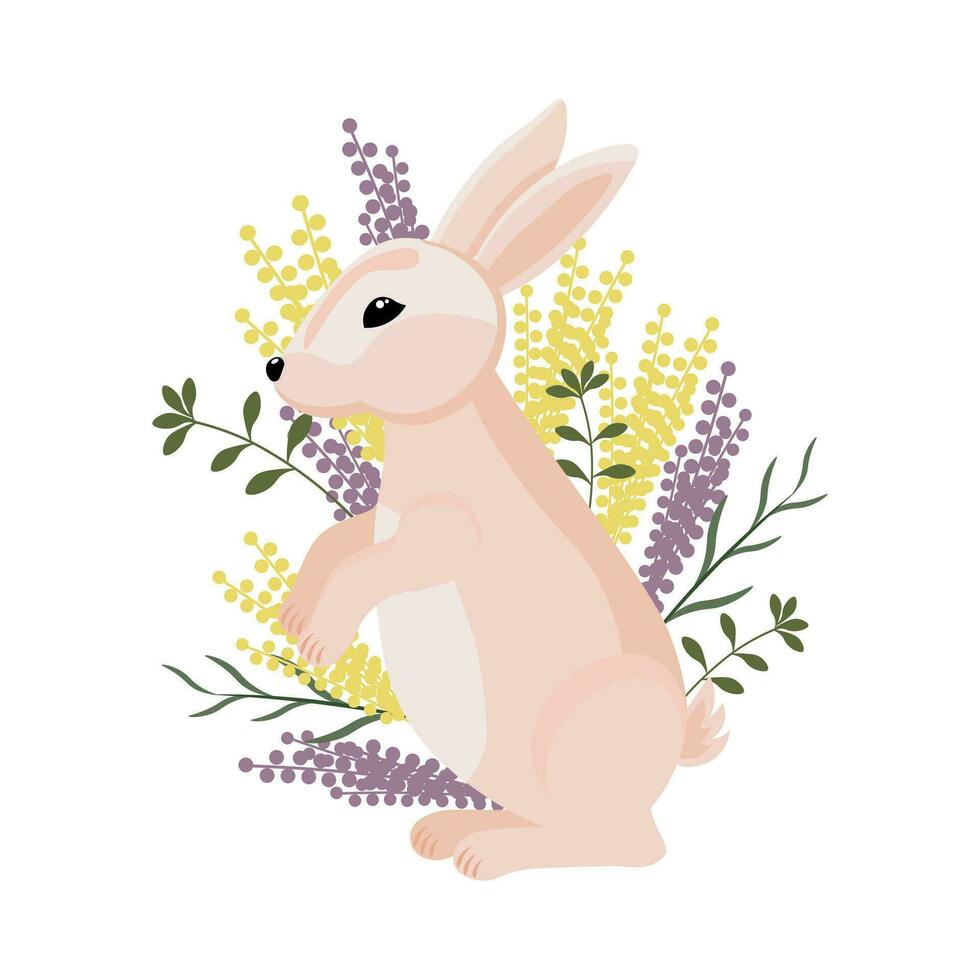 Cute Easter Bunny in spring flowers on a white background. Holiday print, illustration, postcard, vector