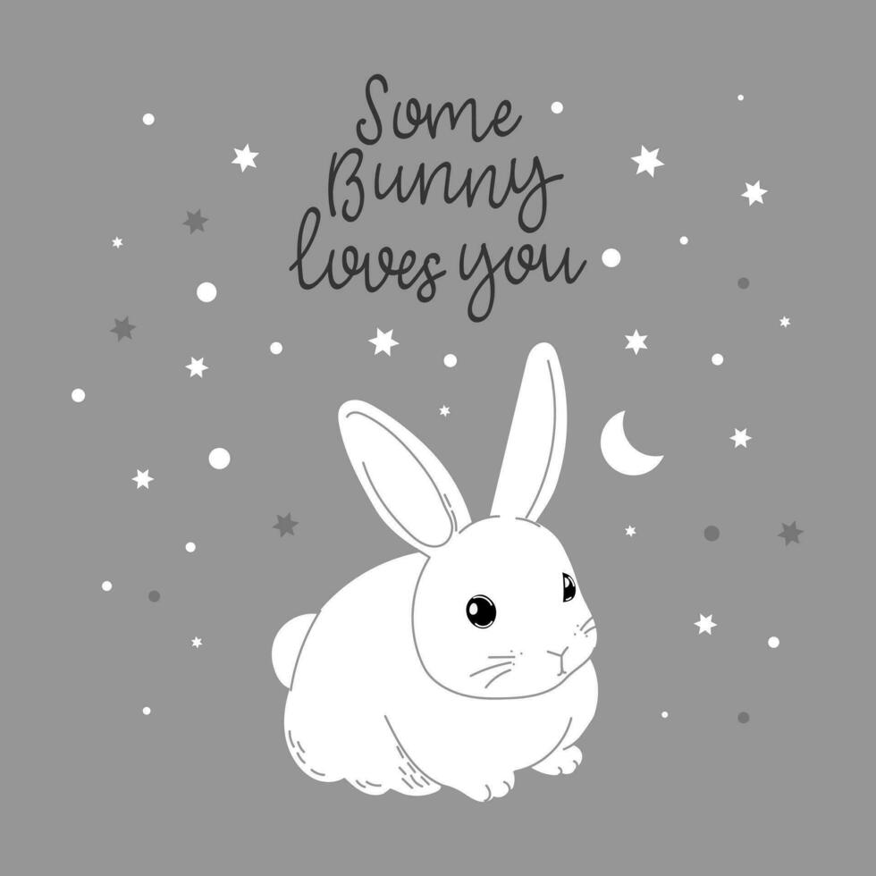 Cute white bunny and calligraphic lettering on a background of stars. Greeting card for Valentine's Day, Easter, birthday. Vector