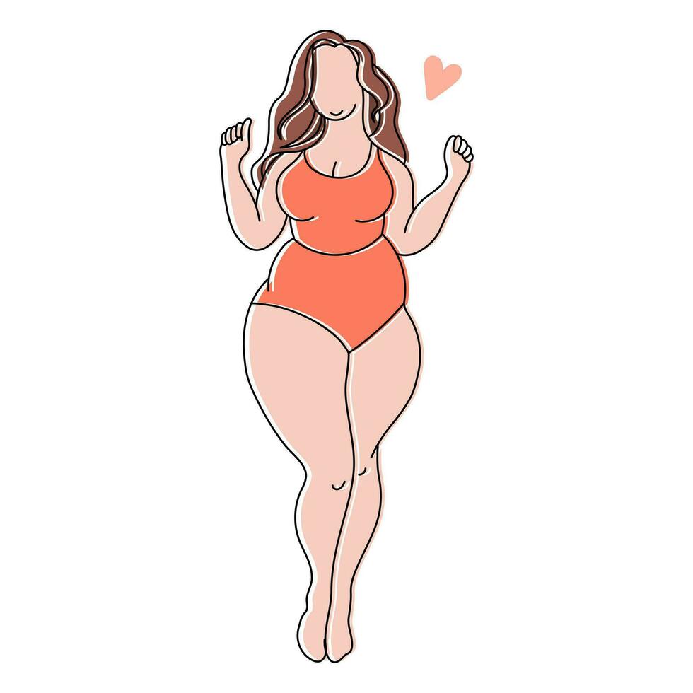 Silhouette of a plump woman in a swimsuit, sketch.  Bodypositive concept. Line art, vector