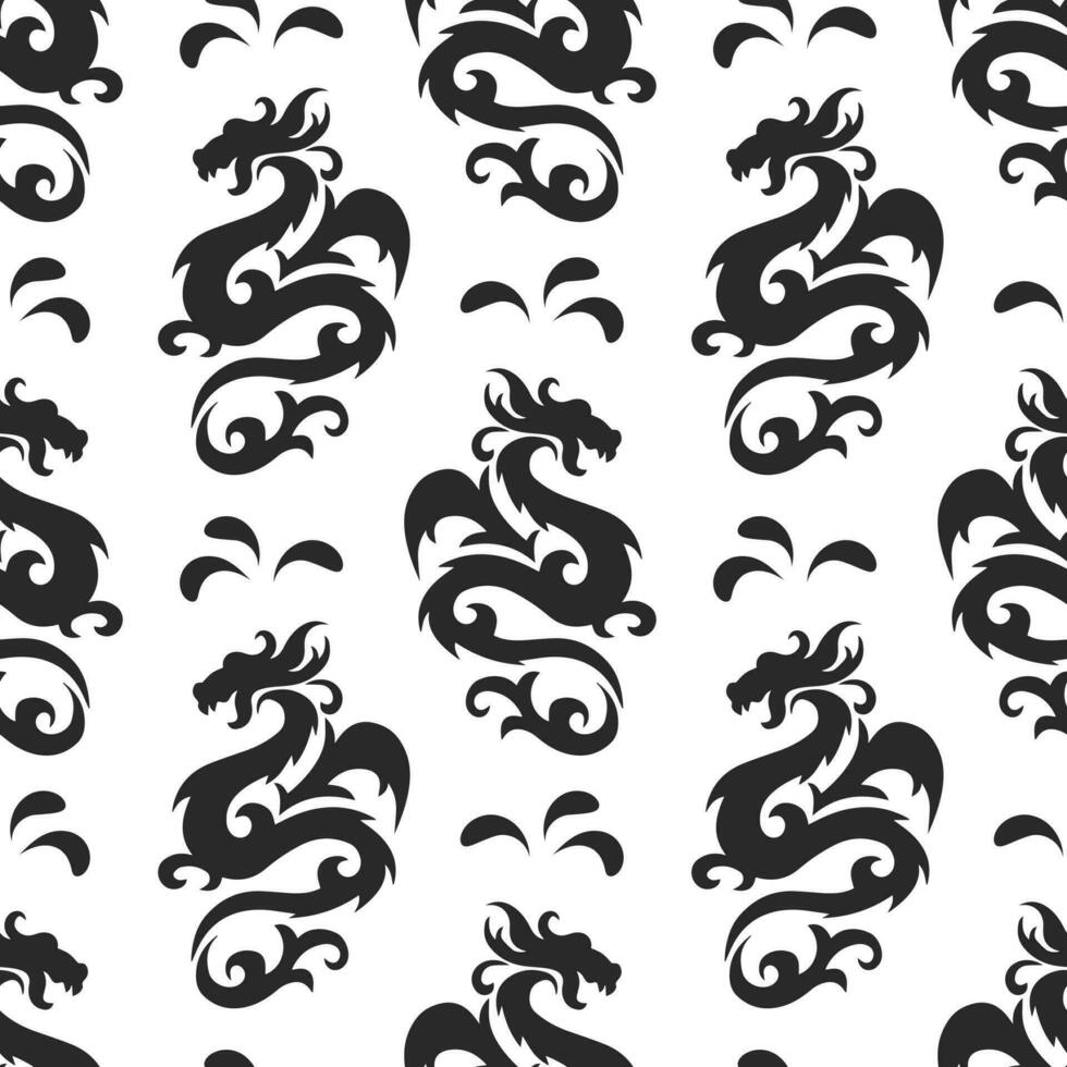 Seamless pattern, silhouettes of black Chinese dragons on a white background. Background, textile, vector
