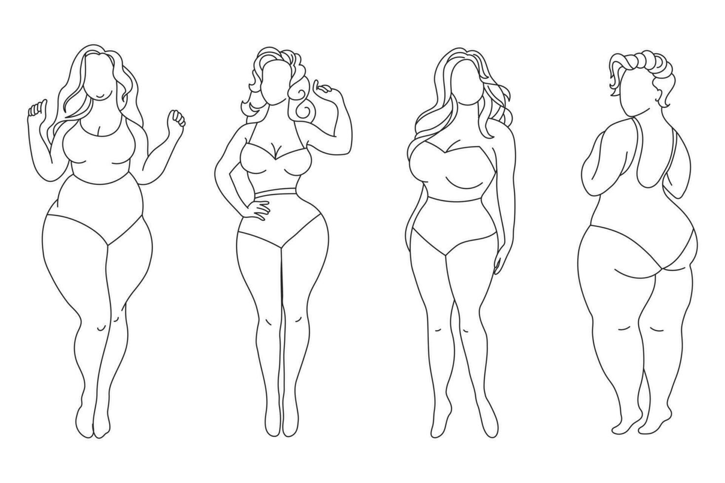 Silhouettes of women with different figures, set, sketch. Body positivity concept. Line art, vector