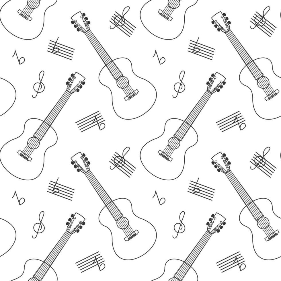 Musical seamless pattern from acoustic guitars, treble clef and music notes. Sketch, background, vector