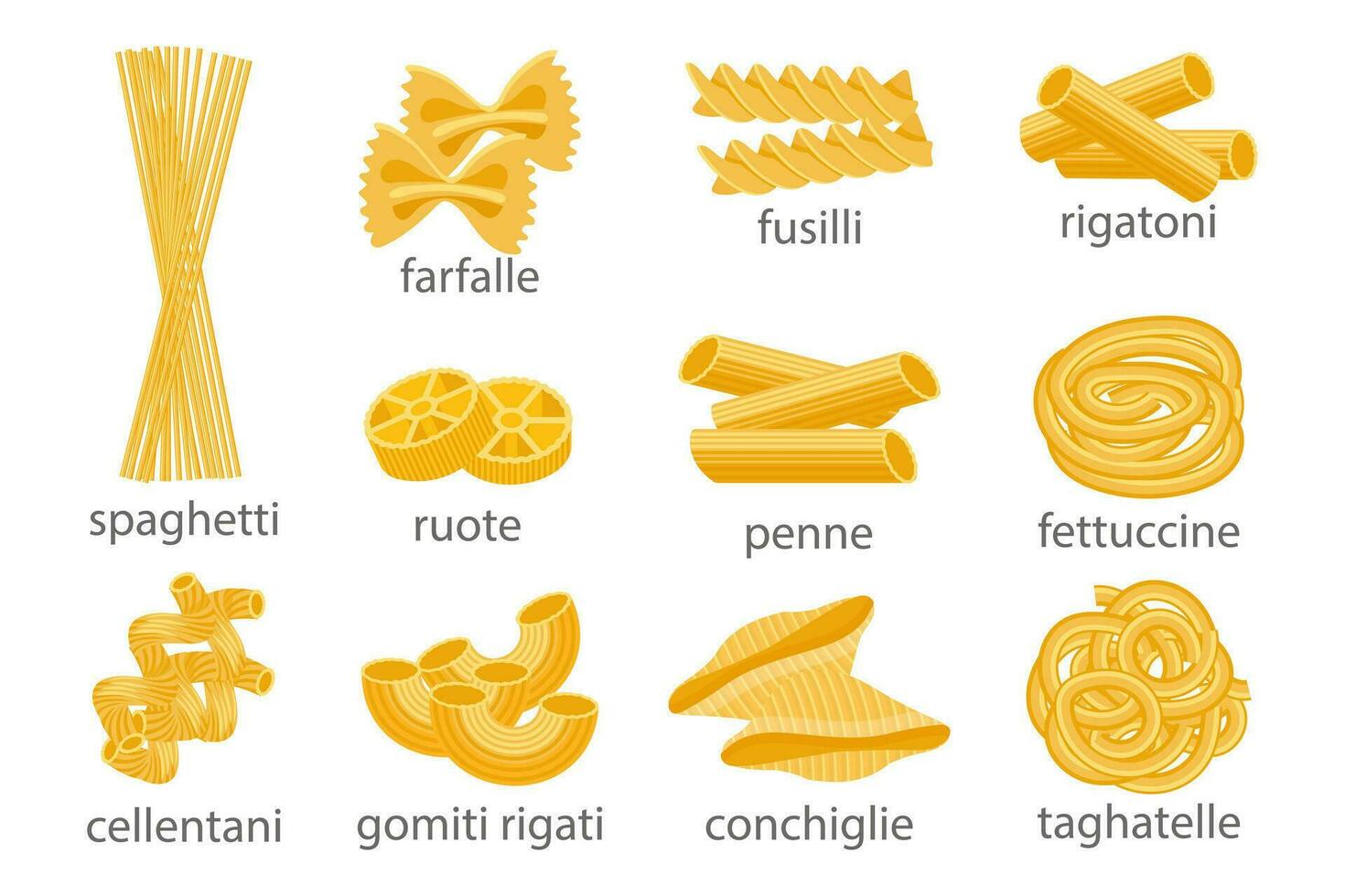 Italian pasta set. Different types of Italian pasta. Italian cuisine, icons, vector