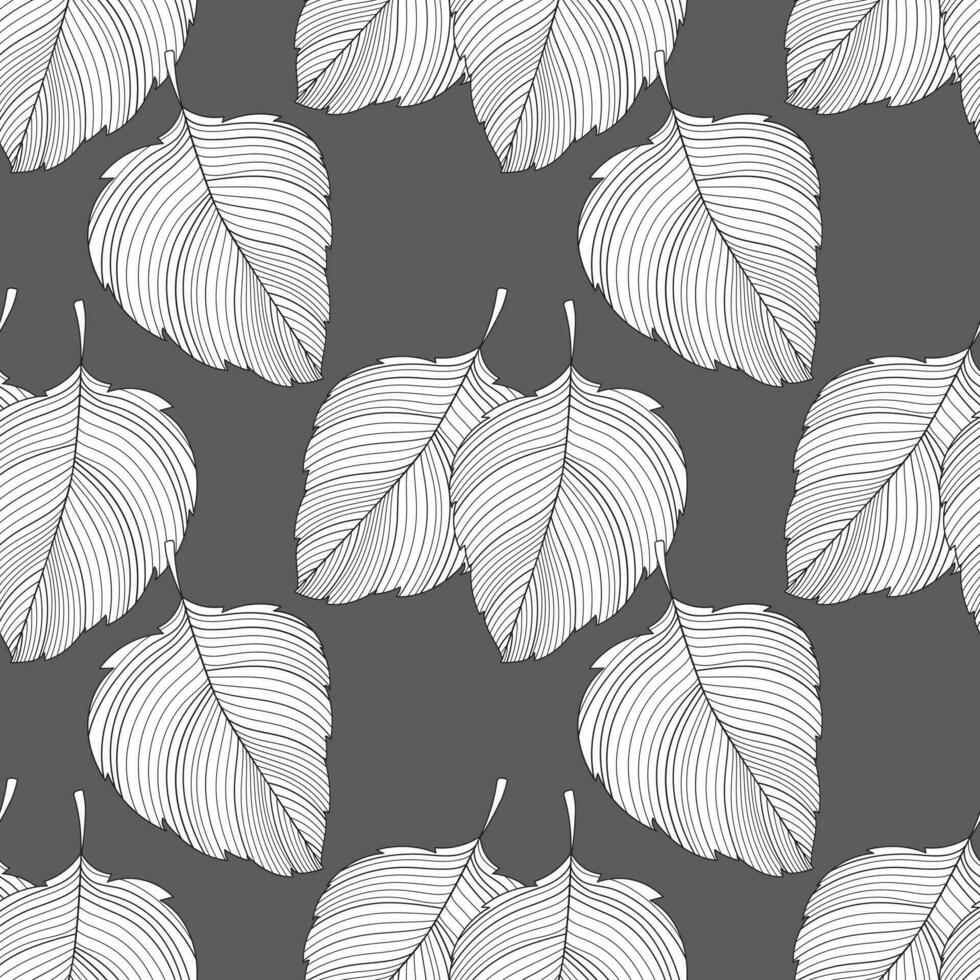 Seamless pattern with lined outlines of tree leaves. Gray and white design. Print, textile, pattern, vector
