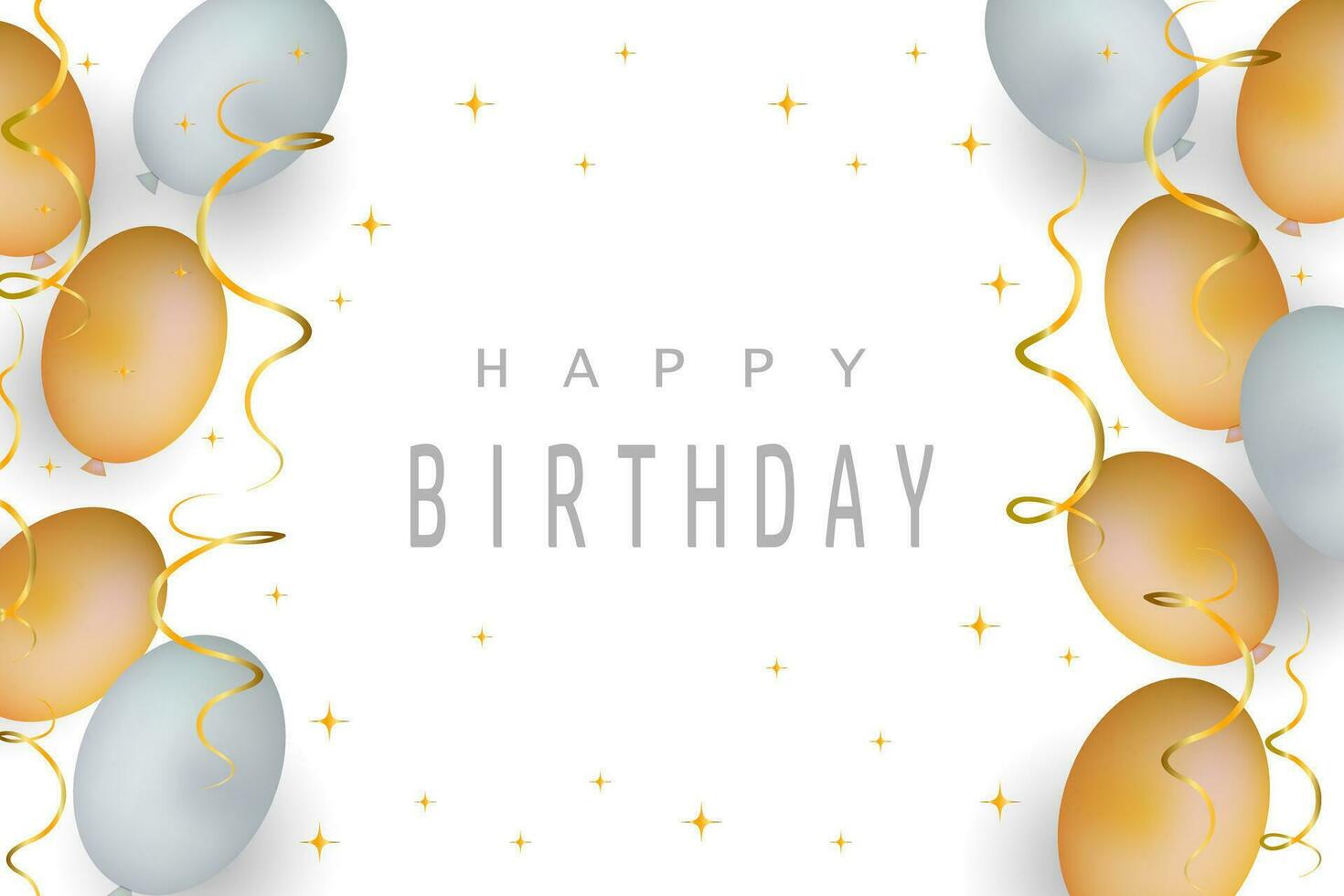 Postcard Happy birthday, golden and gray balloons and serpentines. Postcard, vector