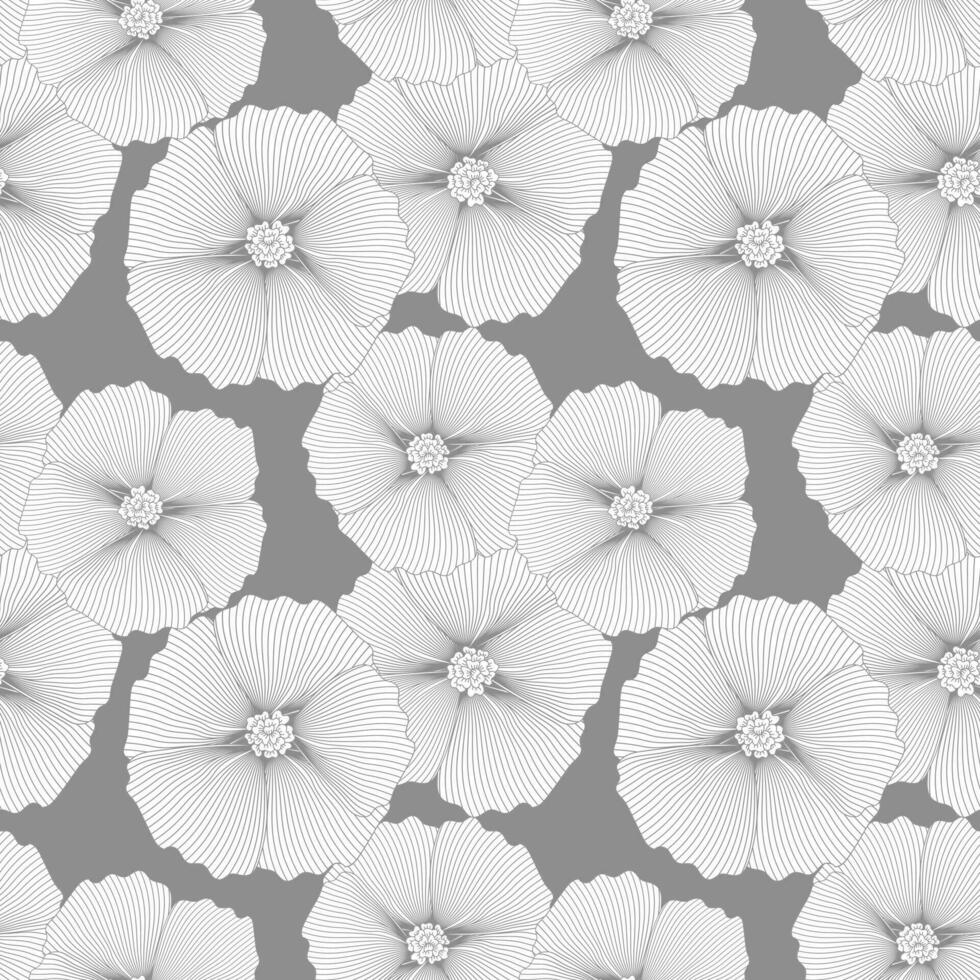 Seamless pattern with contour line stroke tropical hibiscus flowers. Gray and white design. Print, textile, pattern, vector