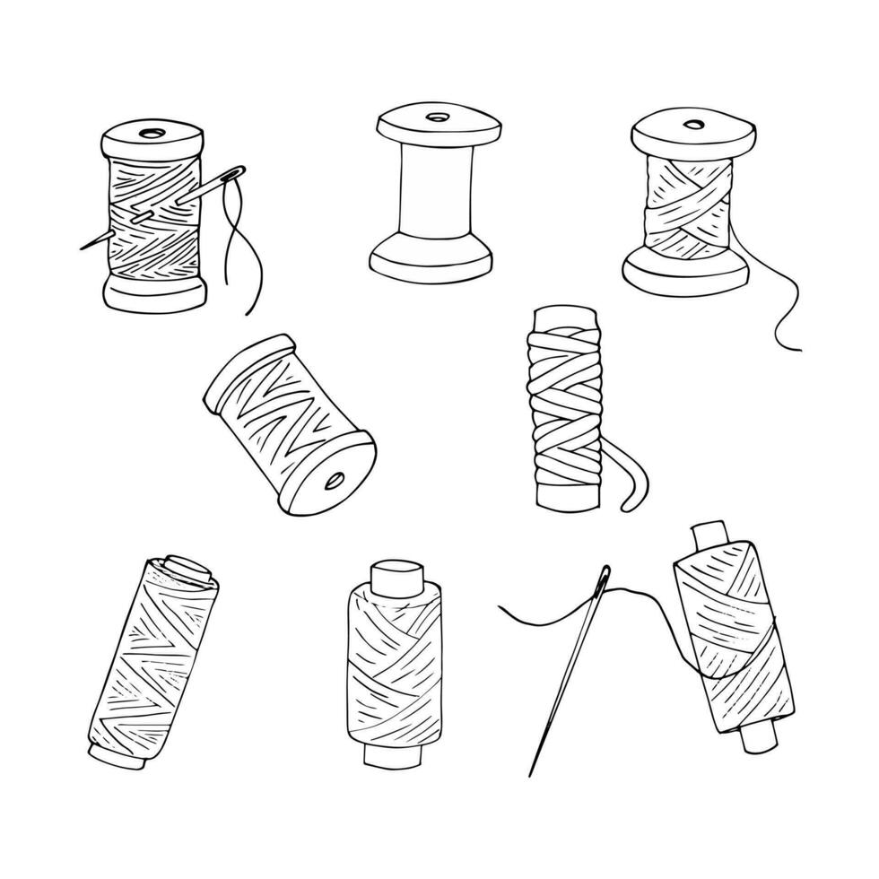 Spool of Thread and Sewing Needle set. Hand-drawn vector illustration isolated on a white background.