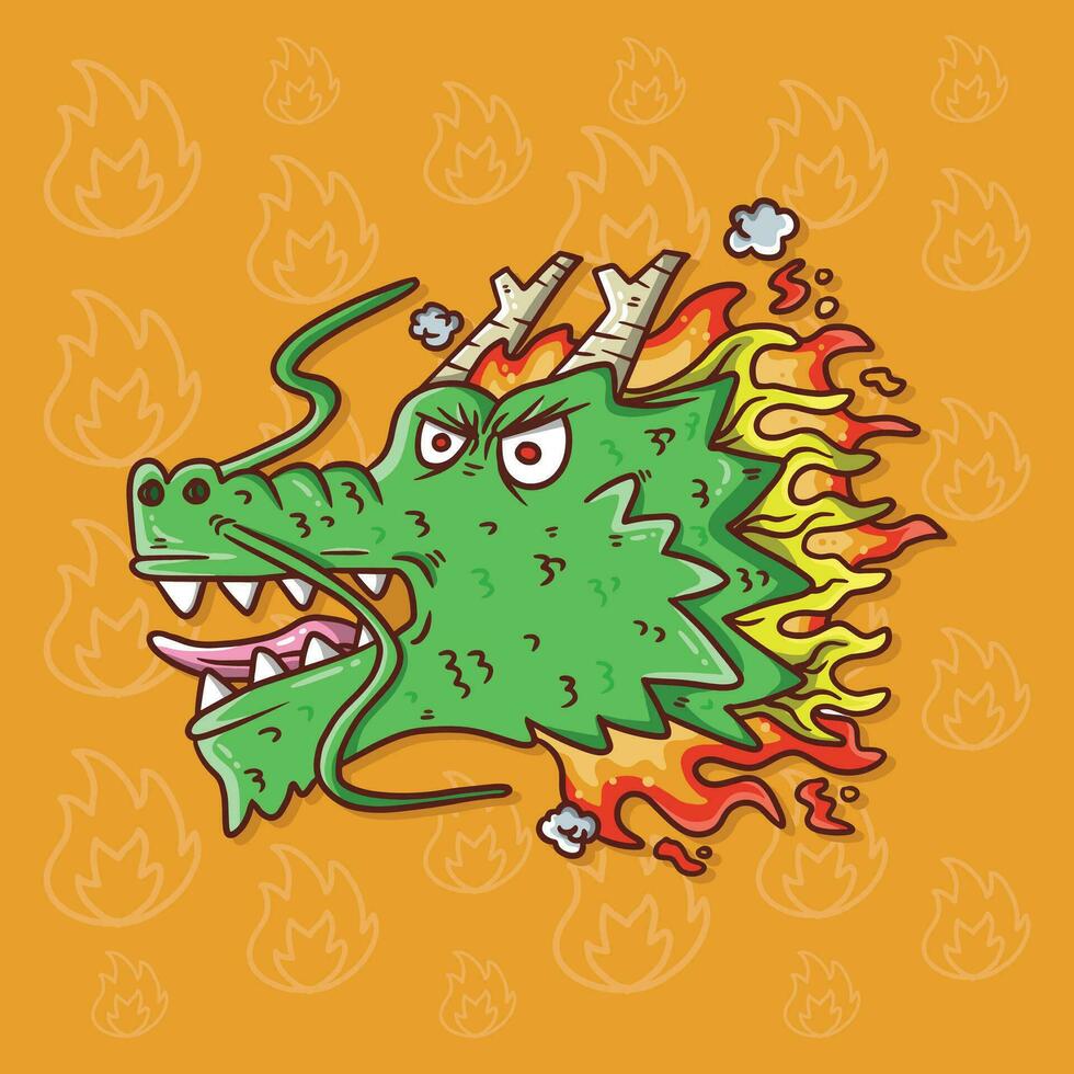 Cartoon Illustration of angry Green Dragon Head. Hand drawn dragon vector illustration.