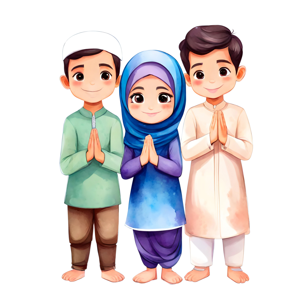 AI generated Adorable Harmony Of Little Muslim Friends With Salam Greeting Pose Isolated Transparent Illustration png