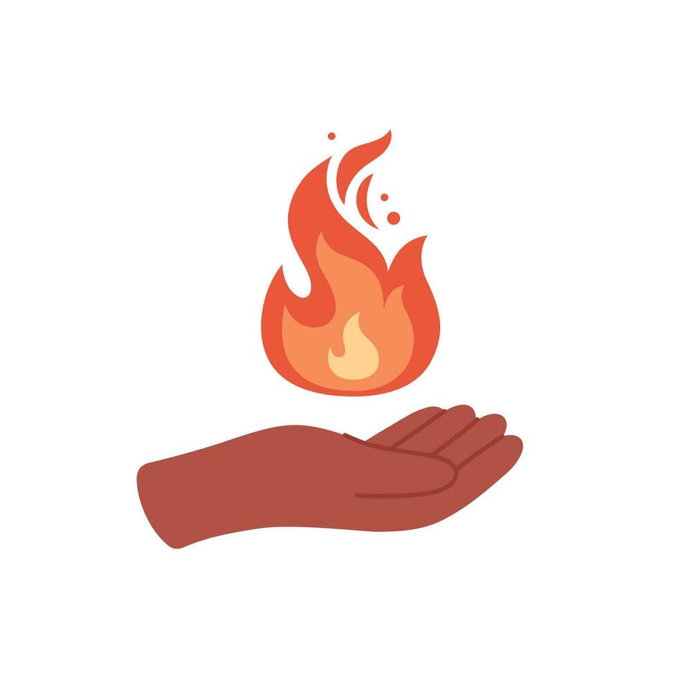 Burning fire in hand. Person holding hot glowing flame. vector