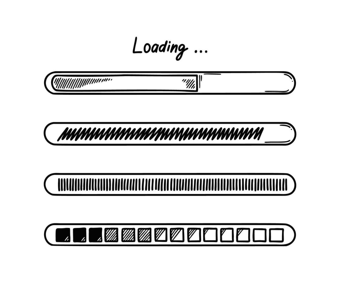 Set of doodle loading bars. Sketch download progress vector illustration, Upload status indicator. Computer user interface design element.