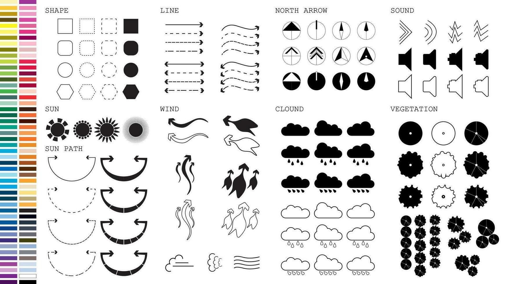 architecture site analysis symbol icon element drawing graphic flat isolated vector. architecture element line sun wind sound sun path vegetation. vector