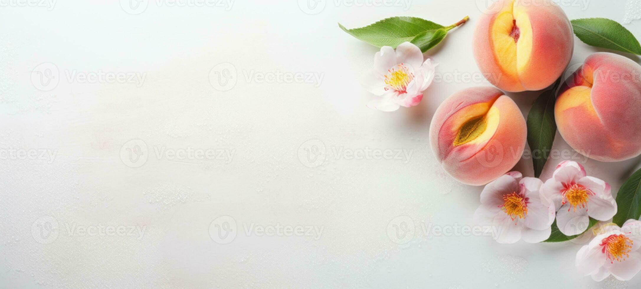 AI generated Close-up of ripe peaches and pink flowers against a white background. Banner with copy space. Ideal for poster, greeting card, promotion, advertising, print, elegant design photo