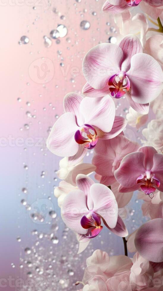 AI generated Purple pink orchids bouquet on light background with glitter and bokeh. Banner with copy space. Perfect for poster, greeting card, event invitation, promotion, advertising, Vertical. photo