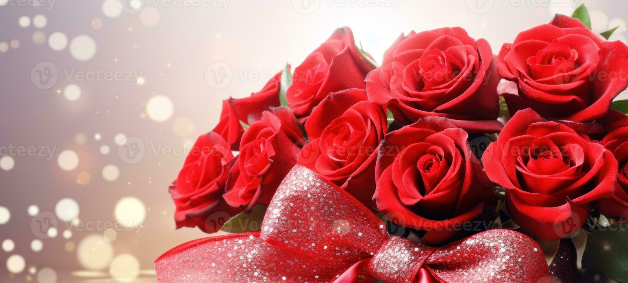 AI generated Red roses bouquet with a red ribbon bow on light background with bokeh. Banner with copy space. Perfect for poster, greeting card, event invitation, advertising, print, elegant design photo