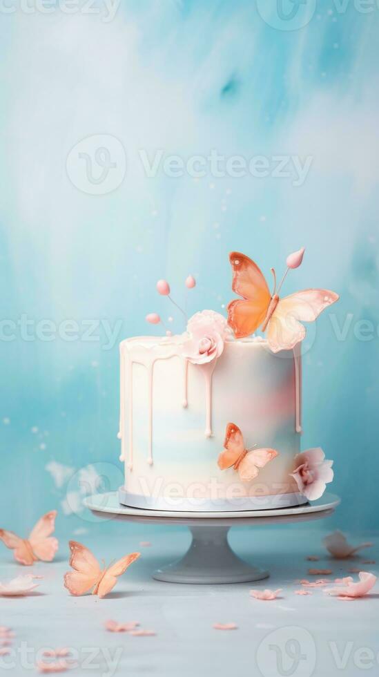 AI generated Elegant white cake with pink floral decorations and peach butterflies, set against a soft blue backdrop. Ideal for birthday or wedding celebrations. Vertical format. photo