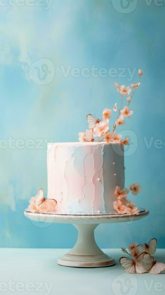 AI generated Beautiful white cake with peach floral decorations and butterflies, set against a soft blue backdrop. Ideal for birthday or wedding celebrations. Vertical format. photo